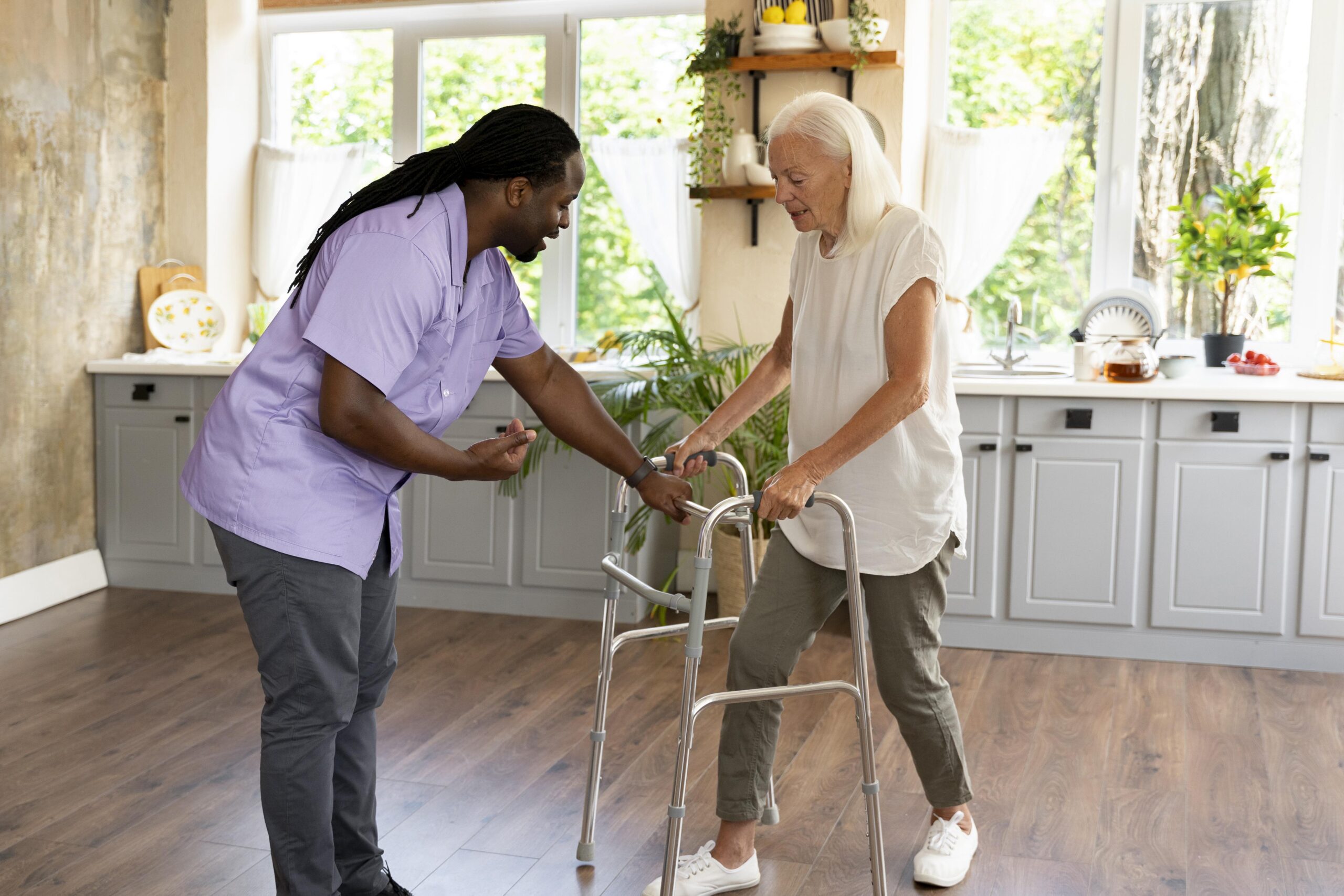 A healthcare professional in a white coat discusses health with a patient at a bright, modern clinic, with medical notes and tools visible.